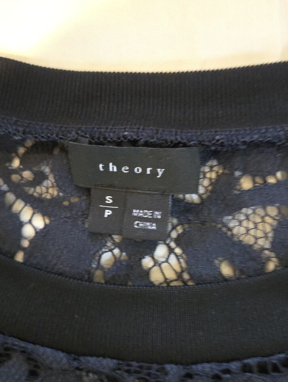 Theory | "Jaidyn" Sheer Floral Lace Crew Neck Top in navy blue and black, Size S - Picture 4 of 7